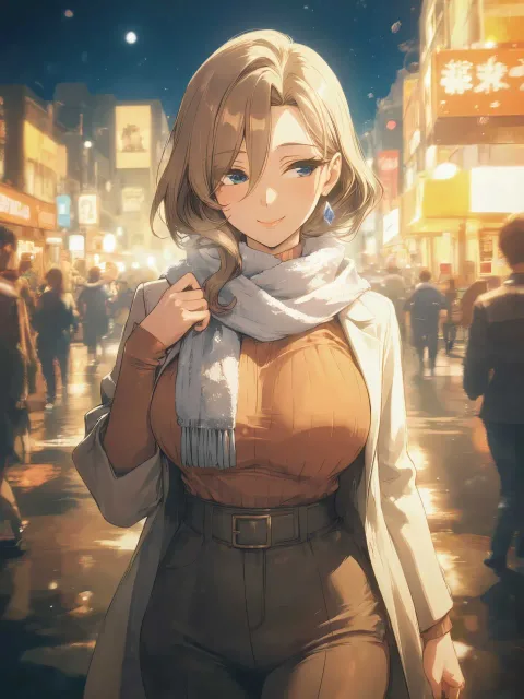 きちんとした服装、首元に風に舞うスカーフをした成年女性