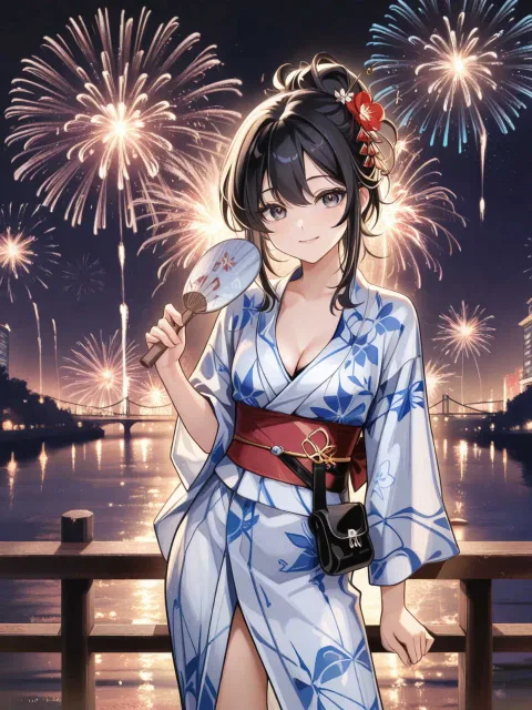 浴衣姿の花火大会の色っぽい美少女、髪結い、髪飾り - 花火大会の彼女