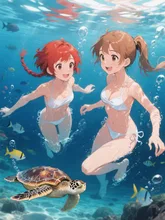 双子と亀と海の中