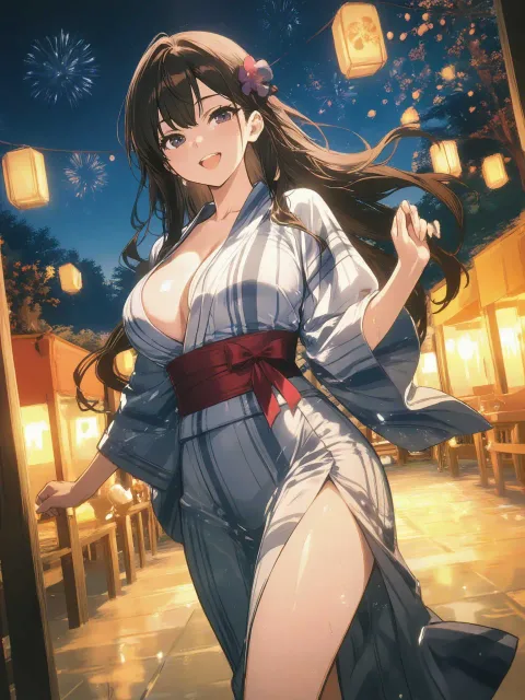 浴衣の美女、黒髪のボブヘア、大人びた顔立ち、肉感的な体型