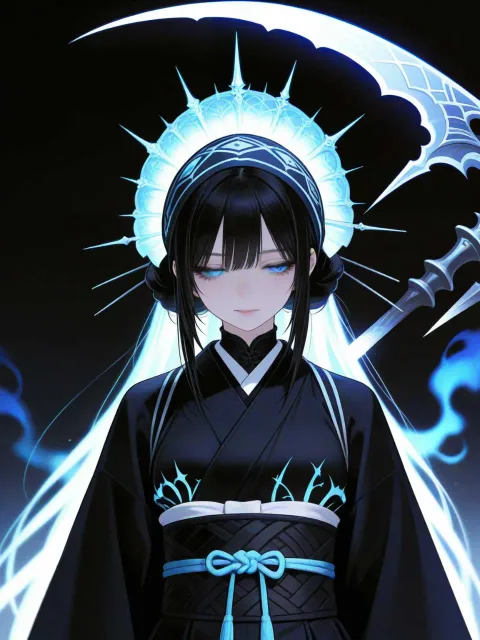 藍の作務衣を着て黒髪を手ぬぐいで姉さん被りにした日本人の農婦
