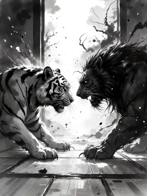 虎一匹、獅子一匹、暗い和室、向かい合い威嚇し合う二匹