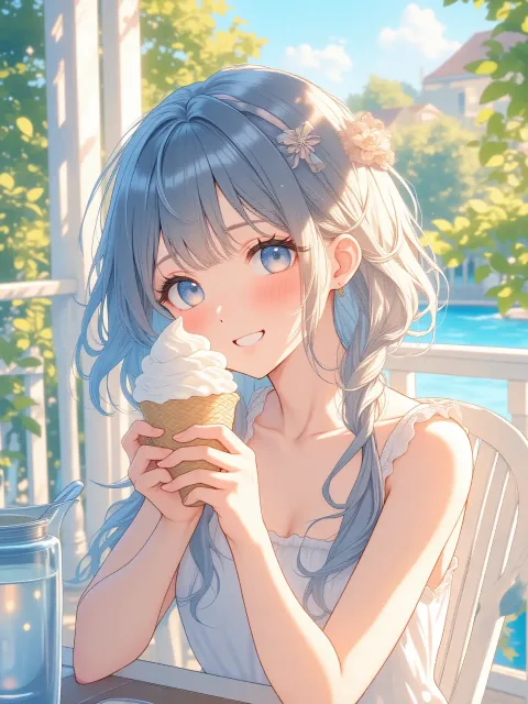 テラスでアイス