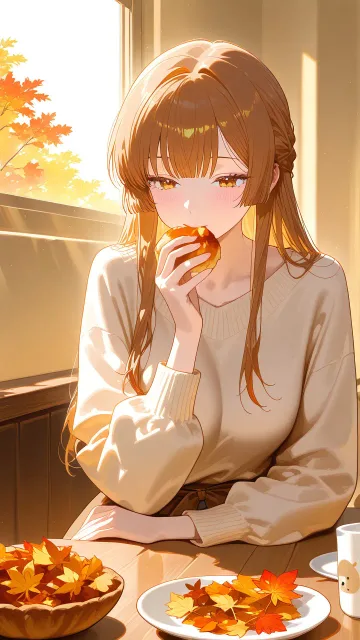 秋の午後、ほうじ茶ラテを飲む女性、栗のお菓子、木製テーブル、ブラウンとベージュの秋色、窓から差し込む光、落ち着いた癒し系…