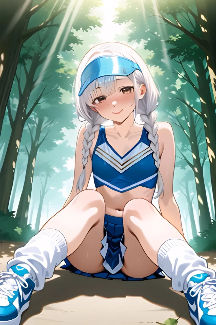 木陰で座る三つ編みチアガール…白
