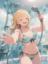 お風呂で無邪気に水遊び。