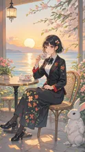 夕焼けのシーンで珈琲を飲む紅夜と子うさぎ
