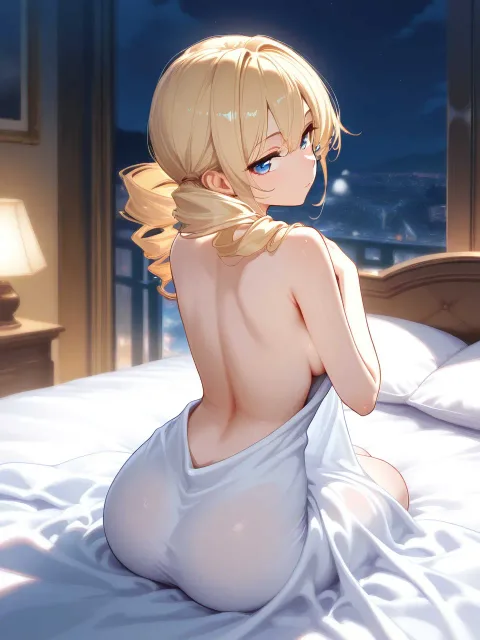 官能的な女の子、夜の寝室、backless、金髪碧眼 - 背中全部