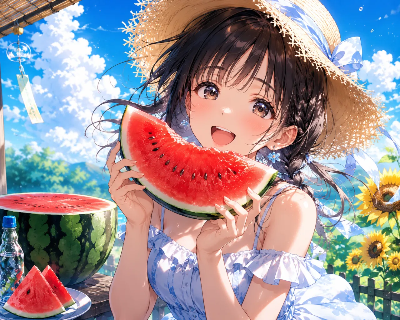 スイカと夏の女性