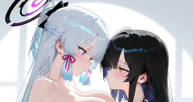 女の子2人、乳合わせ、胸と胸を押し付けてる