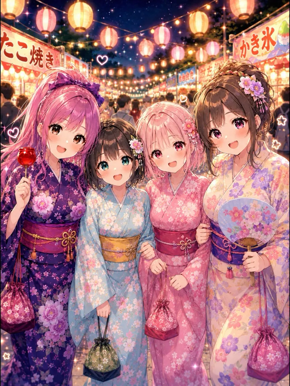 仲良し4人組。浴衣姿。 — 明日菜賛太郎さんのAIイラスト