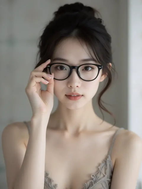黒縁眼鏡を掛けた色っぽい成年女性、湯上がりの洗面所 - 眼鏡 vs 素顔