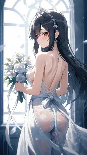 結婚式の風景、教会の中、神父の前、奥には参列客