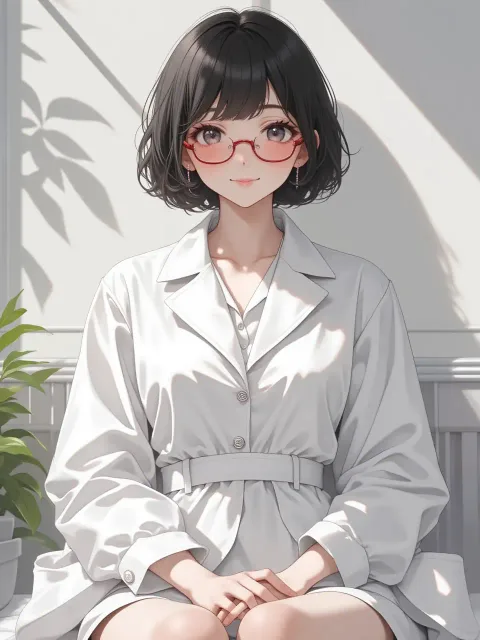 胸元まできちんと着た白衣のナース服の可愛らしい成年女性 - 夜勤明け