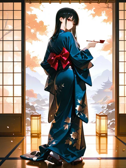 黒い髪、長い髪ストレート、きっちり、見返り、立っている