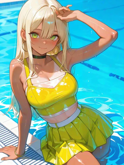 ずぶ濡れの服の金髪美人、黄色のカットソーとミニスカート