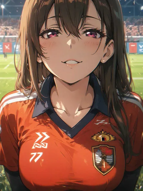 サッカーユニフォームの色っぽい成年女性、自信の表情