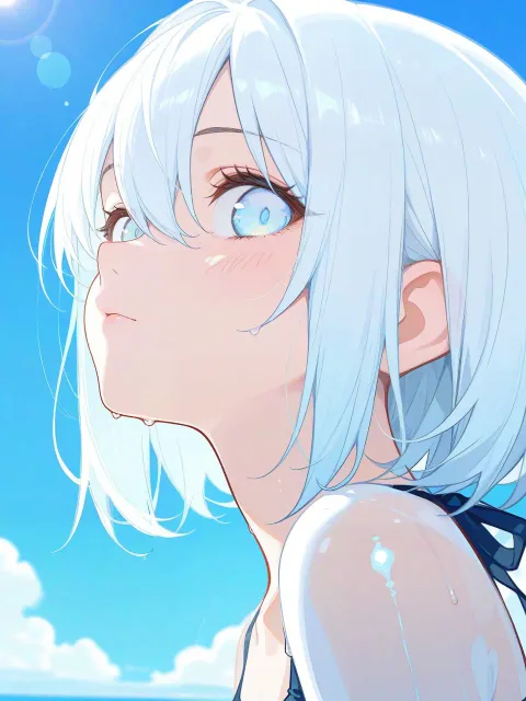 ビーチの水着美女、青い海と夏空、波打ち際、流し目