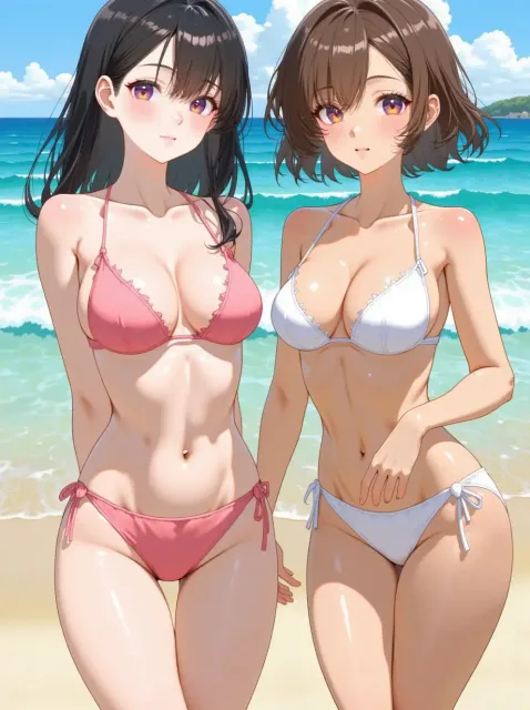 白い肌と日焼けした肌の色っぽい成年女性がふたり並ぶ - 更衣室