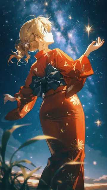 満天の星空、星降る天の川、赤い浴衣の少女、後ろ姿、空を見上げ