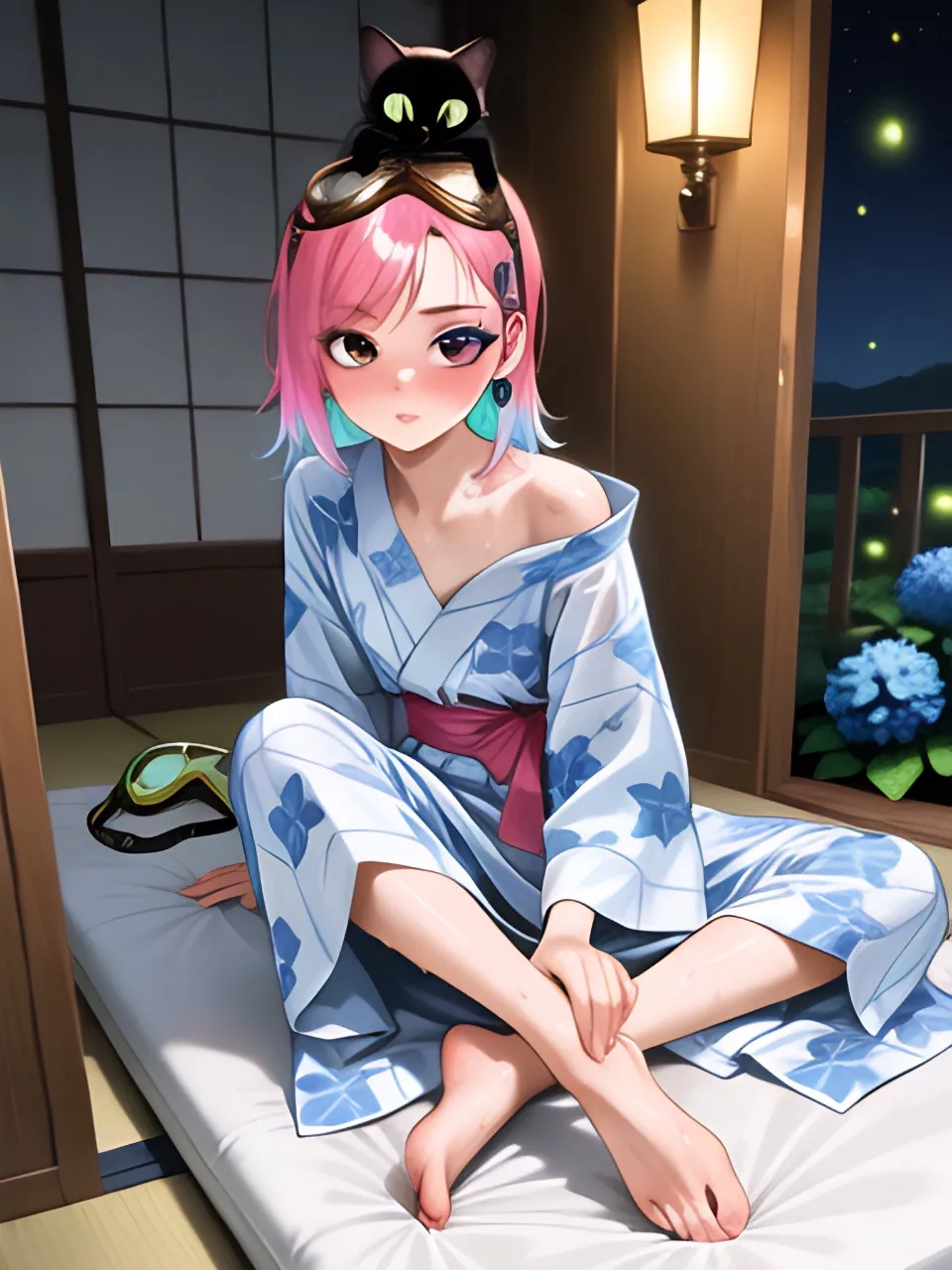 寝苦しい夜に浴衣ですわ…パンク娘と黒ニャンコ…桃