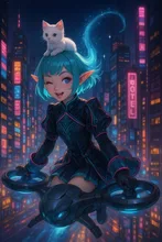 エルフちゃんとネコちゃんの夜空さんぽ」🌙🐾🎀