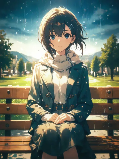 終わらない雨の中で、ベンチ、静かな公園、余韻のある雰囲気