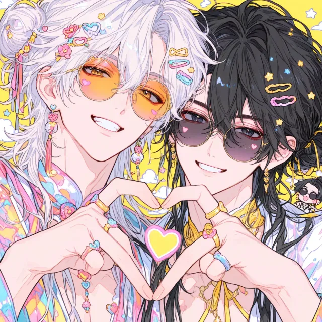 2boys, white hair, round sunglasses, black hair bun, grin, h…