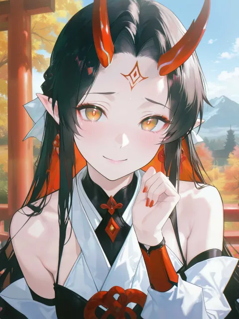 額の二本の小さな赤い角がある鬼の姫、穏やかな微笑みと額の角