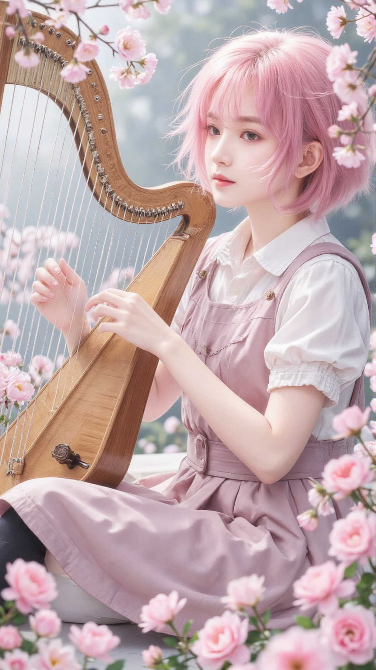 Anime Bloom Flower Lyre Pink Hair Girl