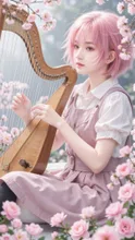 Anime Bloom Flower Lyre Pink Hair Girl