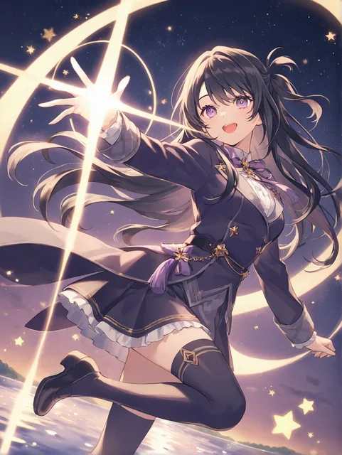 湖と星の背景 黒髪の少女 紫の瞳 ハーフアップ 夜 冬