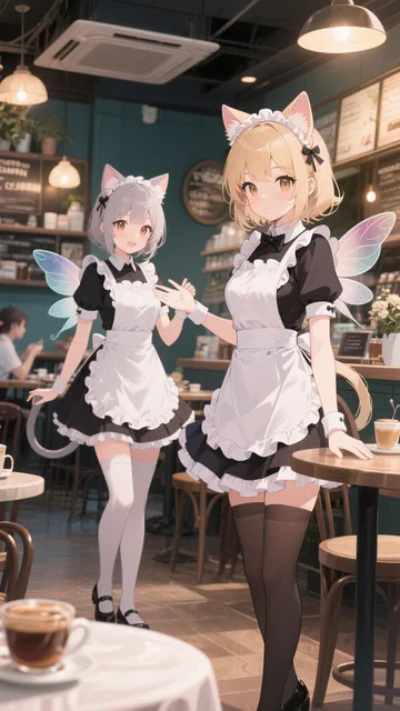 カフェには、魅惑的な猫耳を身に着けたメイドたちがいます