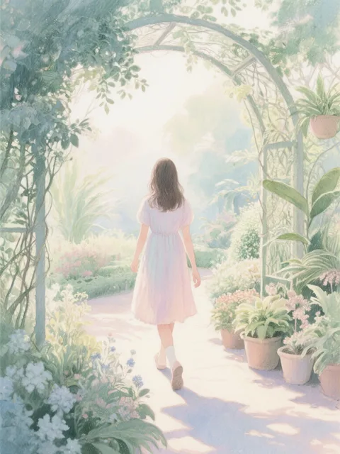 朝の植物園を散歩する女の子 - 画像生成チャレンジ
