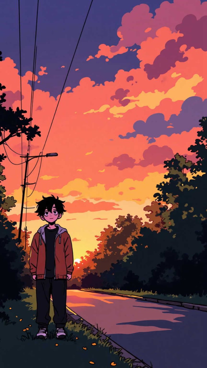 線画アニメアバターイラスト - 彼女を待つ夕暮れ / つみき