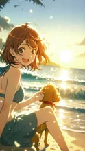 犬と朝の散歩、海辺、朝日、波、やさしい光