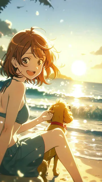 犬と朝の散歩、海辺、朝日、波、やさしい光