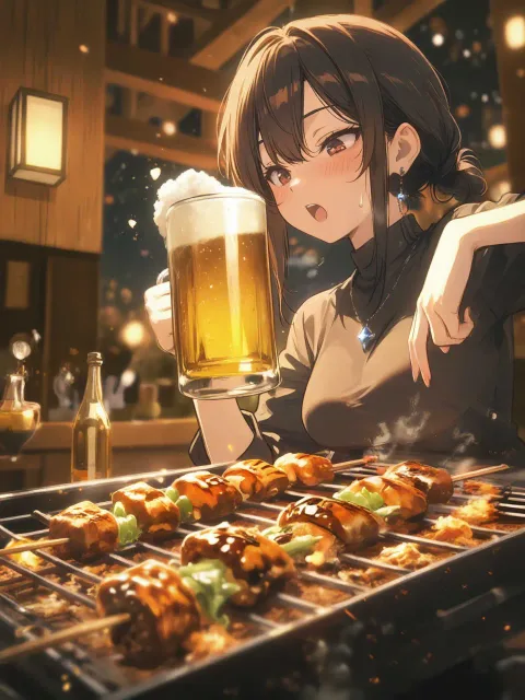 焼き鳥を焼きながらビールを飲む