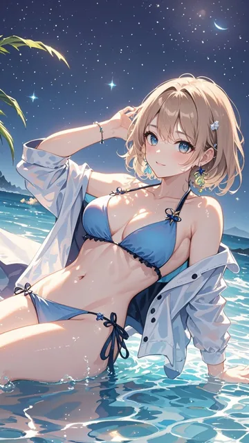 夜の海でビキニを着たスタイリッシュなお姉さんが横になりながら…