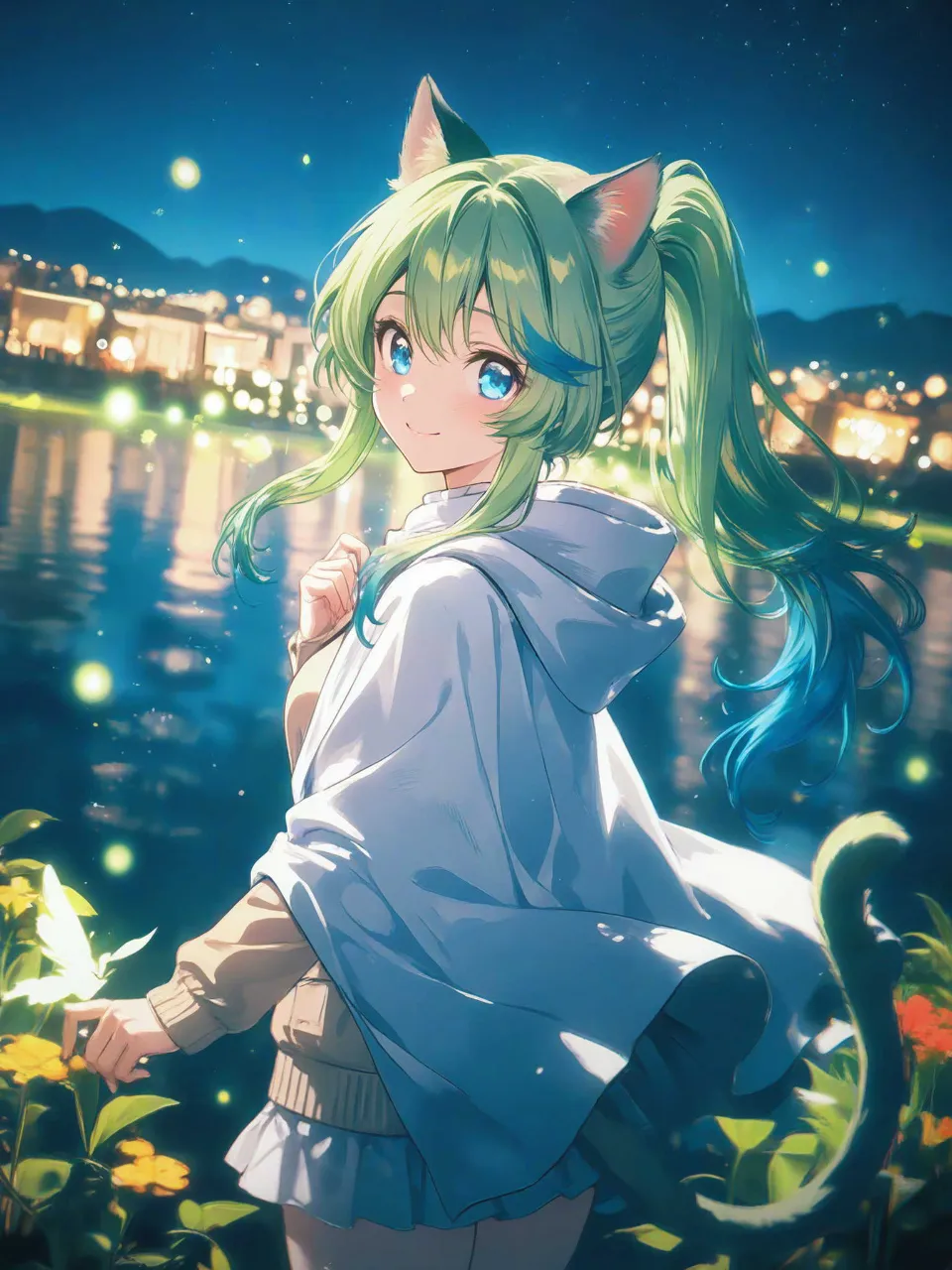 夜景と猫耳少女