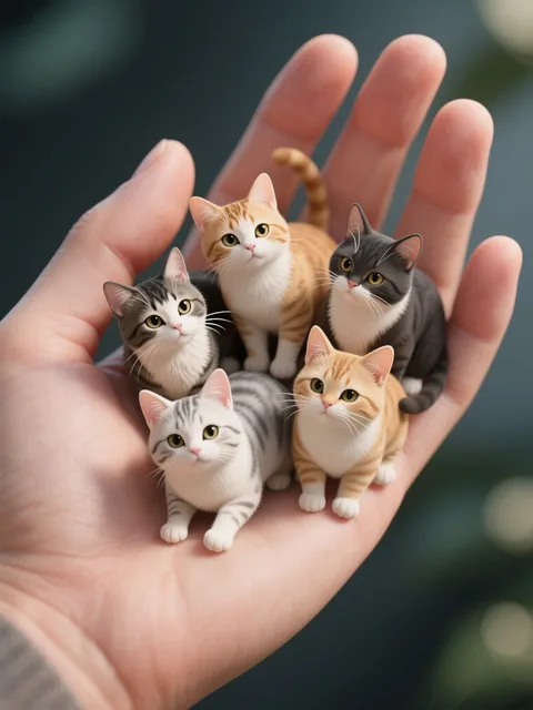手のひらにミニマム猫が5匹乗っている - 画像生成チャレンジ