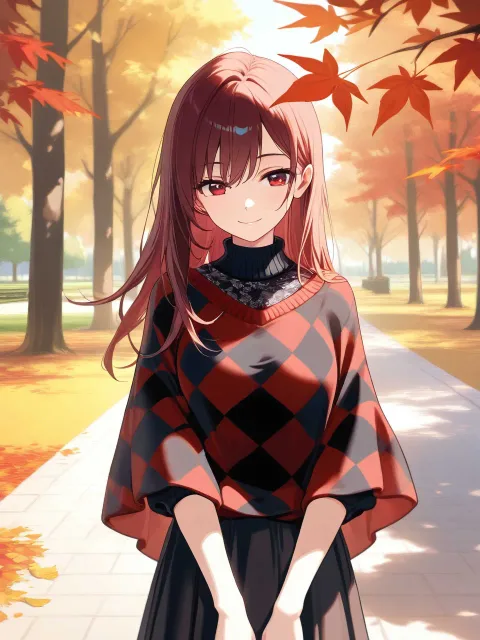 早朝の公園の並木道、紅葉した落ち葉の絨毯 - ポンチョ