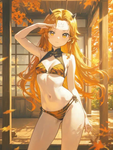 きちんとした服装、額に二本の小さな角がある鬼の姫の美少女