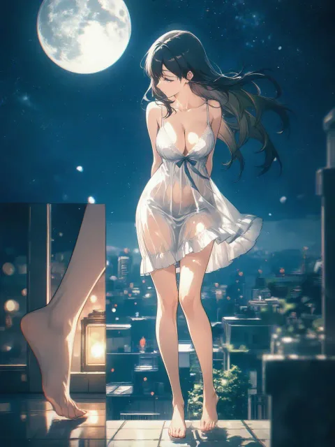 薄着で立つ色っぽい成年女性、屋上の月の下、薄い夜着と素足