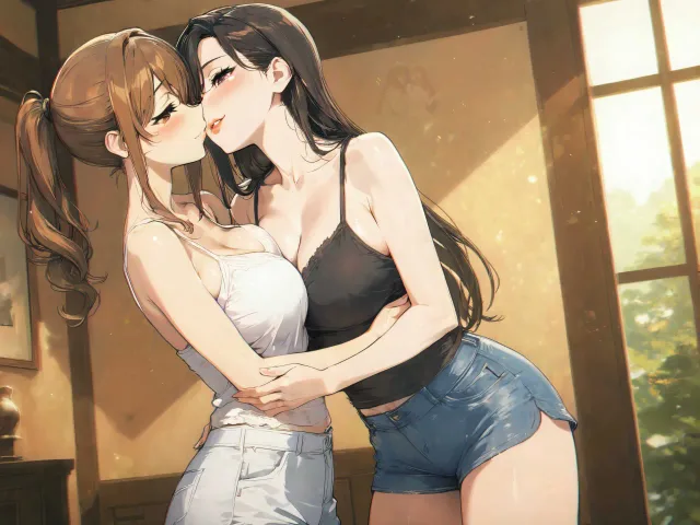 二人の女性について: 美しい大人女性が抱き合ってキスをしてい…