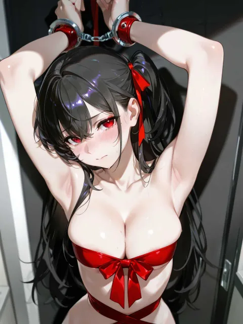 手錠とリボンで手首を留めた色っぽい成年女性がふたり