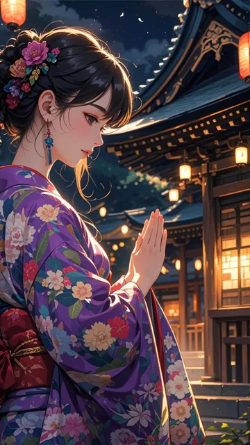 夜の神社で参拝する着物姿の若い女性の横顔、艶やか