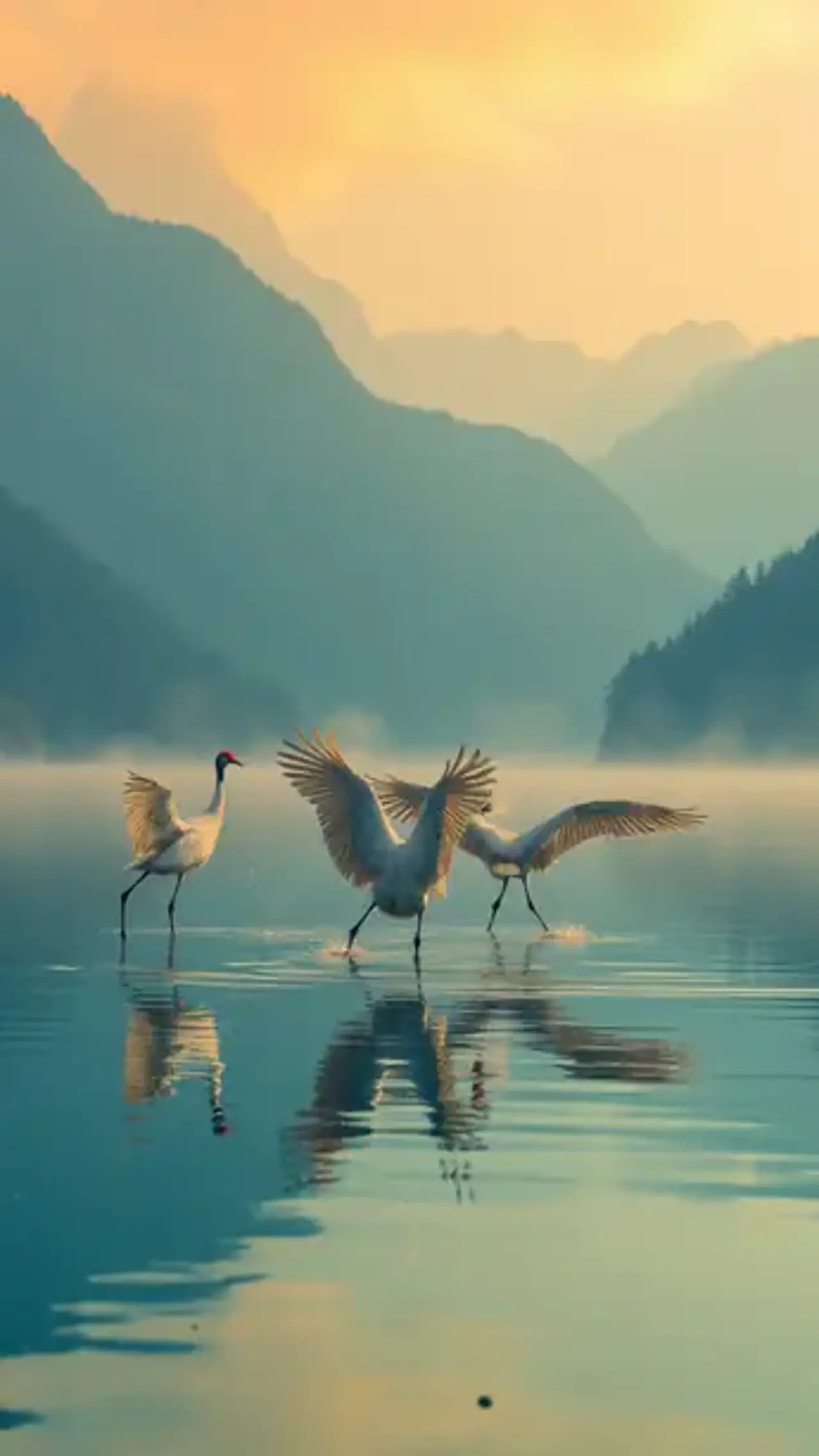 As red-crowned cranes stretch their wings, halos dance with…