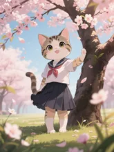 桜の木の下に立つ新入生のネコさん — ガムルさんのAIイラスト