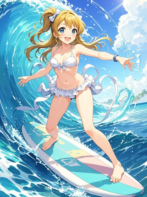 ラブライブ、南ことり、フリルリボン白いビキニ、サーフボード